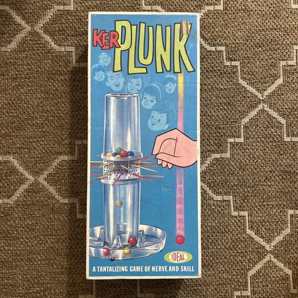 1967 Kerplunk By Ideal Original Box 26 Sticks, 27 Marbles. Small Crack On Tube!